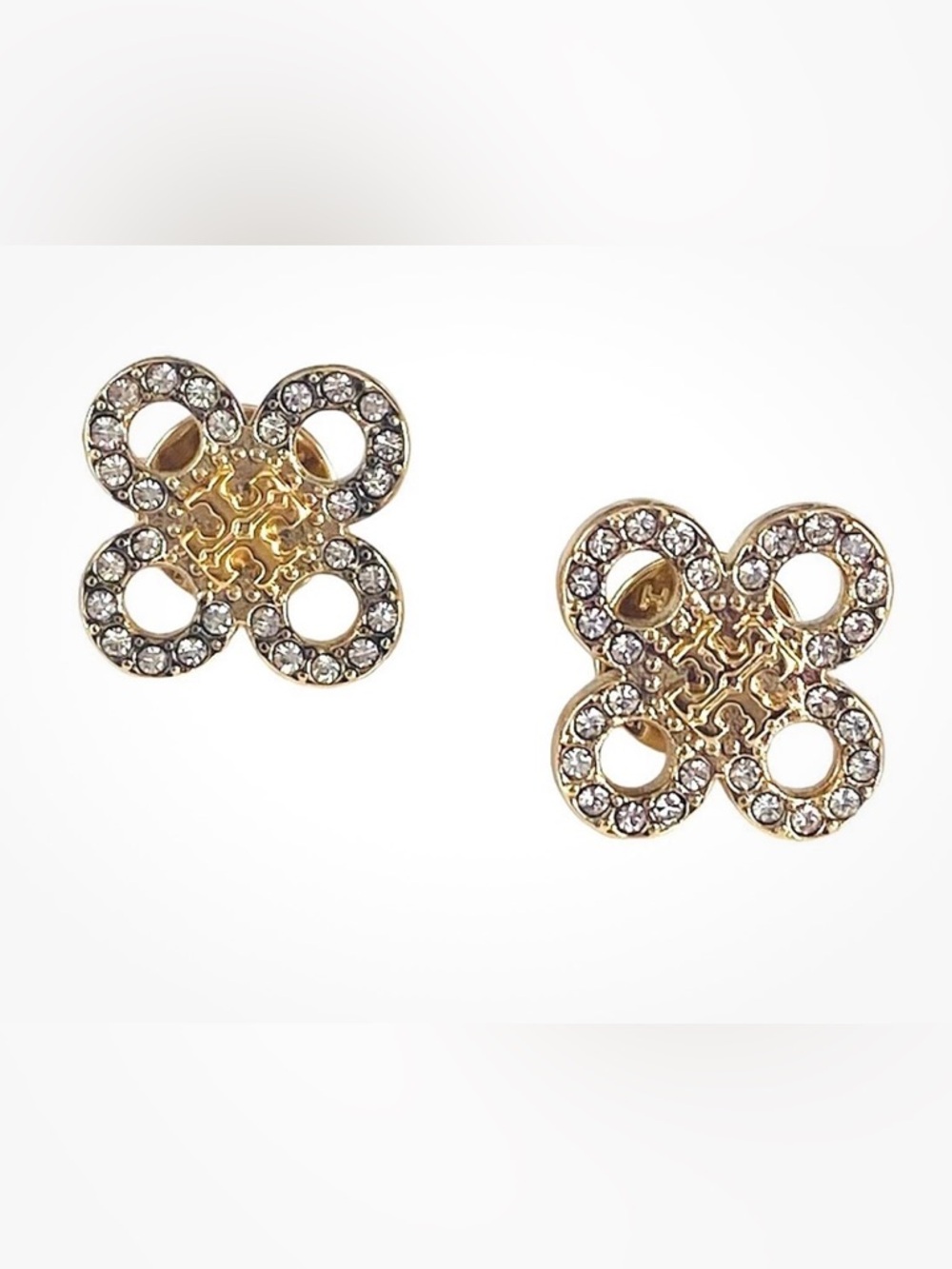 Auth NEW Tory Burch Gold Pave Logo & Clover Stud Earrings with Dust Bag $98